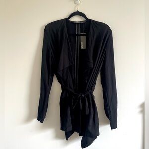 Stoosh black wrap cardigan with cinched waist tie. New with tag